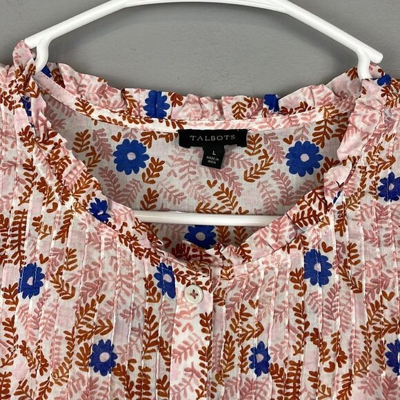 Talbots Pink and Brown Floral Pintuck Long Sleeve Blouse. Size Large. - Picture 3 of 11